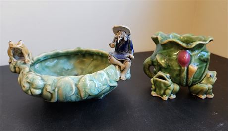 Vintage Chinese Frog w/ Fisherman Planter Vase & Ceramic Frog Bowl