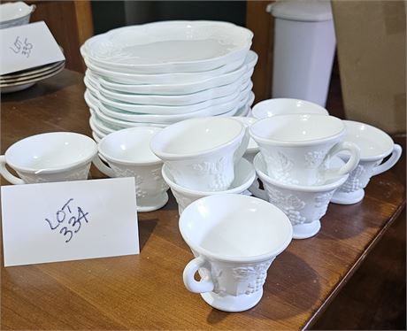 MILK GLASS GRAPE & VINE LUNCHEON PLATES & CUPS 12 PLATES 10 CUPS