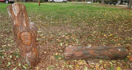 Wood Carved Indian, Leaf Carved Log