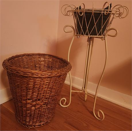 Metal Plant Stand & Medium Wicker Basket