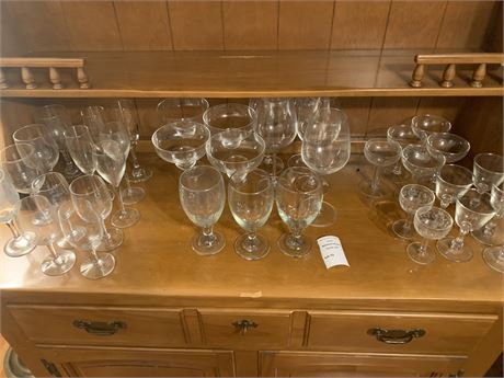 Lot of 37 Clear Glass Wine Glasses & Goblets