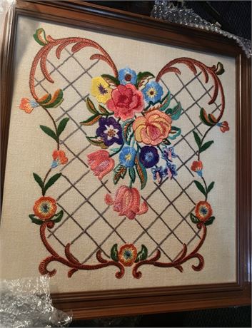 Vintage  Wood Framed Floral Needlepoint Canvas Tapestry Panel Wall Art