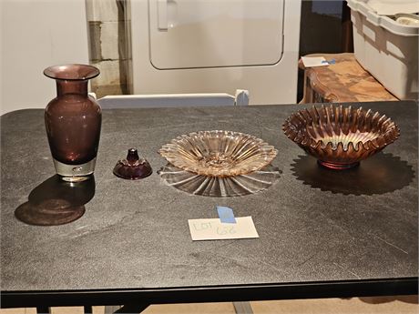 Pink Depression Glass Bowl/Northwood Stippled Ray/Paperweight Bottom Vase & More