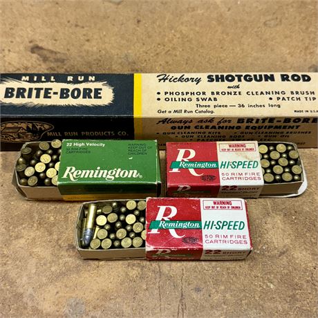 Vintage Remington 22 Short Ammo (3 Boxes) and Hickory Shotgun Rod