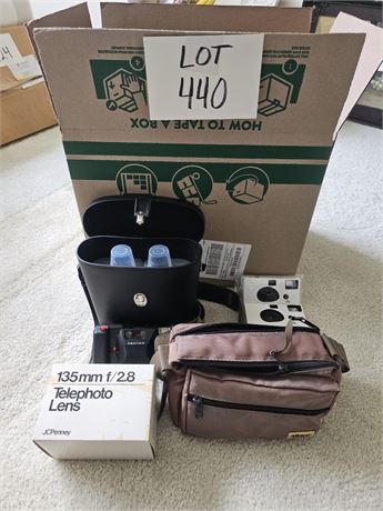Mixed Camera Lot : Telephoto Lens / Pentax / Long Shoe Binoculars & More
