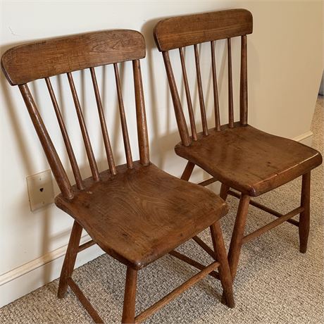 Pair of Antique Plank Seat Farmhouse Chairs