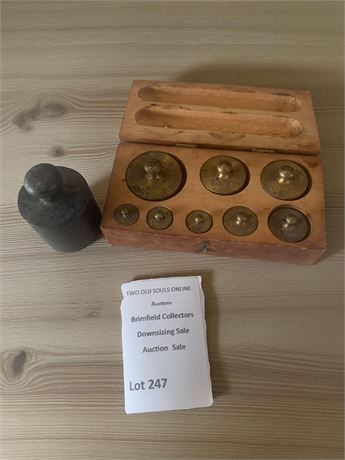 Vintage Brass Scale Weights In Wooden Box & Cast Iron Calibration Weight