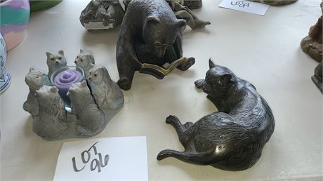 Cat & Bear Figure Lot: Cast Metal Cat/Feline Candle Holder/Cast Metal Bear