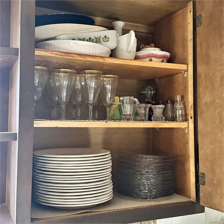 Cupboard with Homer Laughlin Plates, Old Goblets and More