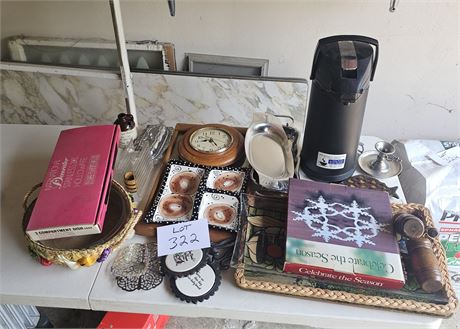 Mixed Kitchen Lot- International Coffee Carafe, Wall Clock, S&P Sets & More