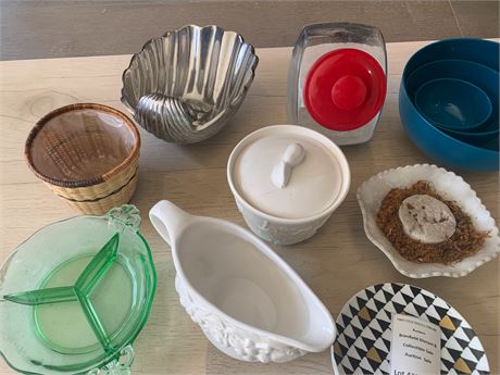 Green Depression Glass Relish Tray, Shell Shaped Metal Serving Bowl & More