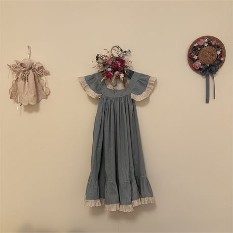 Vintage Prairie Dress & Floral Wall Décor Set–Blue Dress, Bonnet, Fabric Doll
