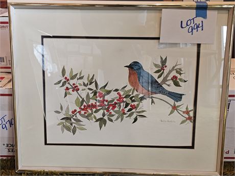 Signed Pauline Hostetler "Eastern Bluebird" Water Color Painting