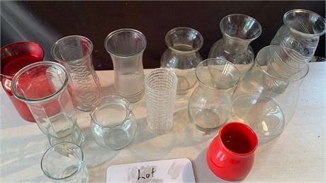 11 Clear Glass Vases 2 Red Vases Lot Various Sizes and Shapes