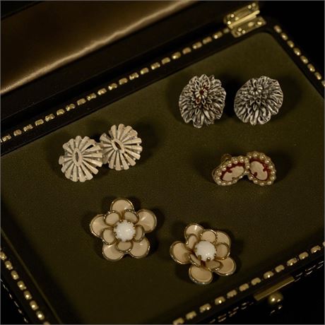 Trifari White Enamel & Gold-Tone Clip-Ons, Featherlite Floral Earrings