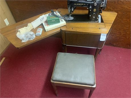 Singer 319 Sewing Machine, Fold Up Wood Sewing Table, Stool & Supplies