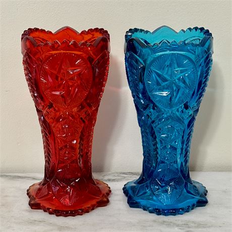 Vintage L.E. Smith Amberina and Aqua Glass Ohio Star Pattern Vases - 9"T