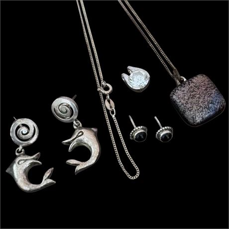 Grouping of Mixed Sterling Silver 925 Jewelry w/ Dolphin Dangle Earrings & More