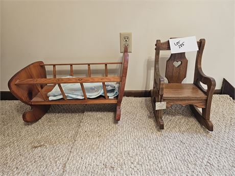 Wood Dutch Valley Doll Rocking Chair & 1981 Wood Doll Cradle by Knock on Wood