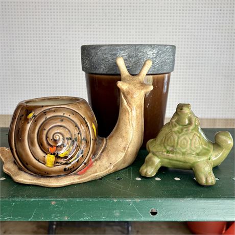 Vintage Byron Molds Ceramic Snail Planter and Cute Garden Turtle