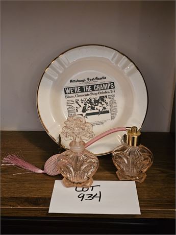Decorative Pink Perfume Bottles and Pittsburgh Post Ashtray