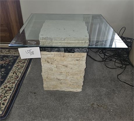 Postmodern Tessellated Stone & Travertine Beveled Glass Top End Table