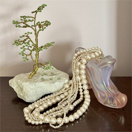 Fenton Art Glass Boot, Jeweled Tree & Faux Pearl Multi-Strand Necklace
